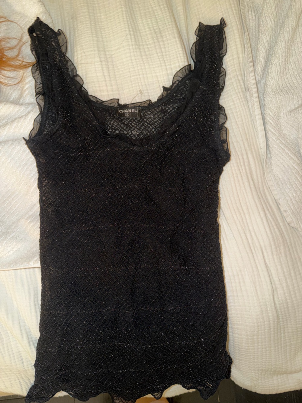 CHANEL Black Lace Ruffle Trim Camisole
